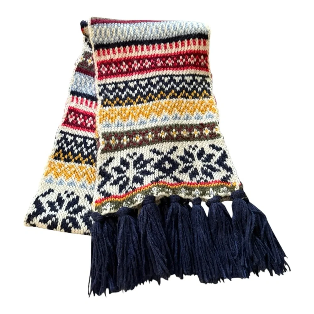 Old Navy Fair Isle Multicolor Knit Scarf 9”X 72” Navy Red Yellow Wool Nordic